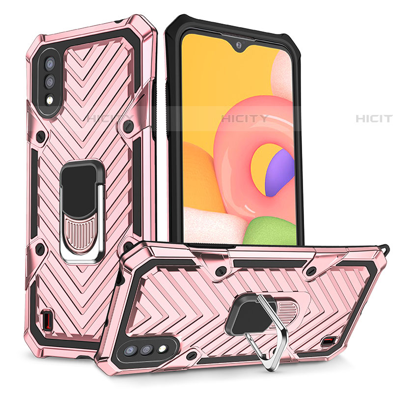 Silikon Hülle Handyhülle und Kunststoff Schutzhülle Hartschalen Tasche mit Magnetisch Fingerring Ständer S08 für Samsung Galaxy A01 SM-A015 Rosegold Plus