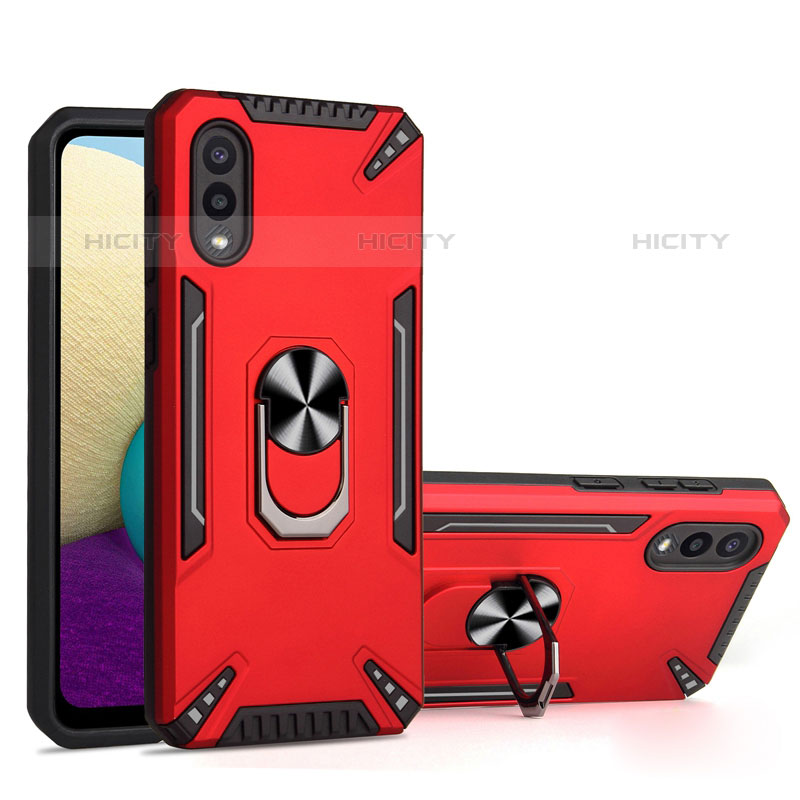 Silikon Hülle Handyhülle und Kunststoff Schutzhülle Hartschalen Tasche mit Magnetisch Fingerring Ständer T01 für Samsung Galaxy M02 Rot