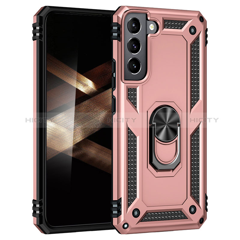 Silikon Hülle Handyhülle und Kunststoff Schutzhülle Hartschalen Tasche mit Magnetisch Fingerring Ständer T02 für Samsung Galaxy S24 5G Rosegold Plus