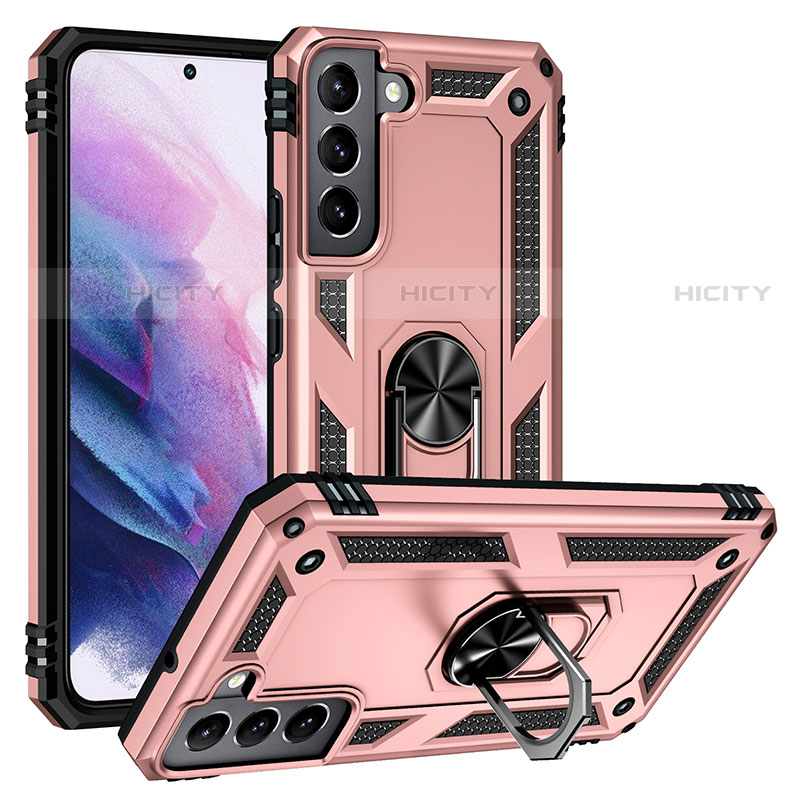 Silikon Hülle Handyhülle und Kunststoff Schutzhülle Hartschalen Tasche mit Magnetisch Fingerring Ständer T03 für Samsung Galaxy S21 5G Rosegold