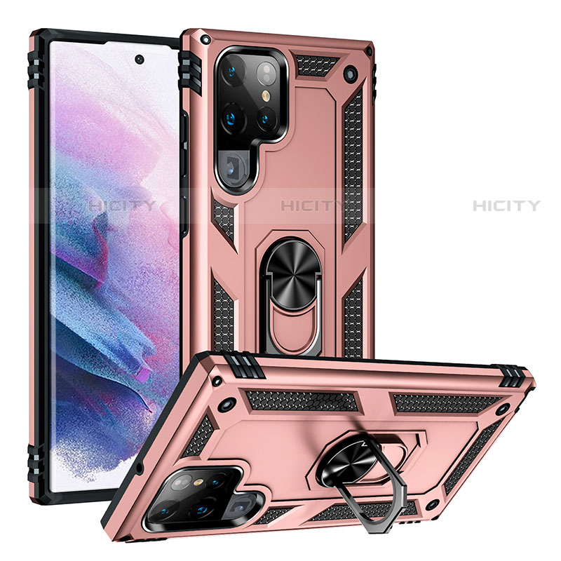 Silikon Hülle Handyhülle und Kunststoff Schutzhülle Hartschalen Tasche mit Magnetisch Fingerring Ständer T03 für Samsung Galaxy S22 Ultra 5G Rosegold