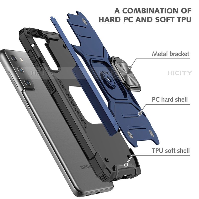 Silikon Hülle Handyhülle und Kunststoff Schutzhülle Hartschalen Tasche mit Magnetisch Fingerring Ständer T05 für Samsung Galaxy S21 Plus 5G groß