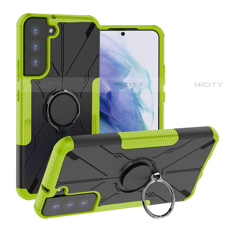 Silikon Hülle Handyhülle und Kunststoff Schutzhülle Hartschalen Tasche mit Magnetisch Fingerring Ständer T08 für Samsung Galaxy S21 5G