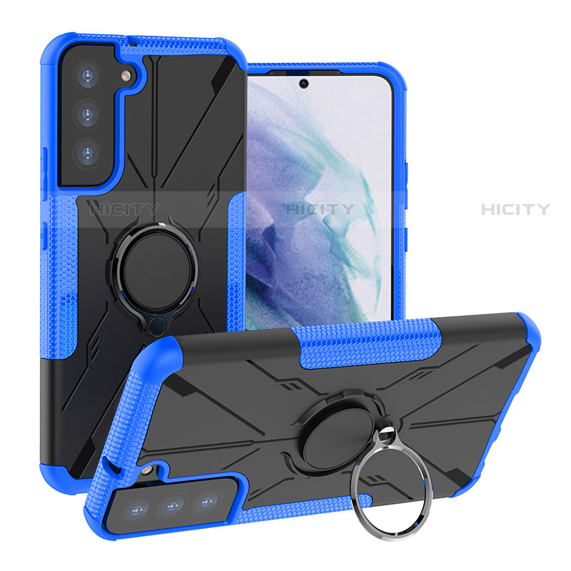 Silikon Hülle Handyhülle und Kunststoff Schutzhülle Hartschalen Tasche mit Magnetisch Fingerring Ständer T08 für Samsung Galaxy S21 5G Blau Plus