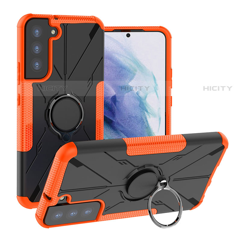 Silikon Hülle Handyhülle und Kunststoff Schutzhülle Hartschalen Tasche mit Magnetisch Fingerring Ständer T08 für Samsung Galaxy S21 5G Orange