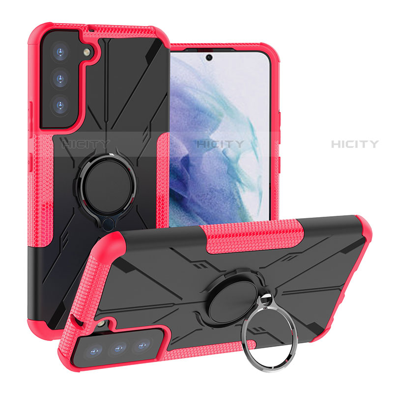 Silikon Hülle Handyhülle und Kunststoff Schutzhülle Hartschalen Tasche mit Magnetisch Fingerring Ständer T08 für Samsung Galaxy S21 5G Pink Plus