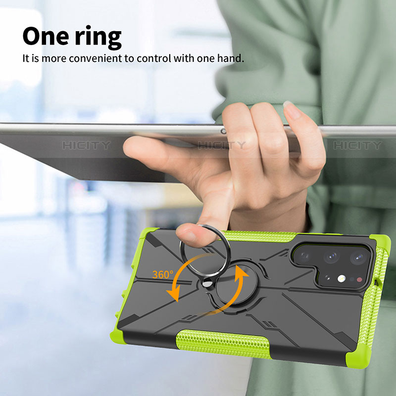 Silikon Hülle Handyhülle und Kunststoff Schutzhülle Hartschalen Tasche mit Magnetisch Fingerring Ständer T08 für Samsung Galaxy S21 Ultra 5G