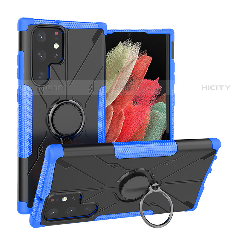 Silikon Hülle Handyhülle und Kunststoff Schutzhülle Hartschalen Tasche mit Magnetisch Fingerring Ständer T08 für Samsung Galaxy S21 Ultra 5G Blau