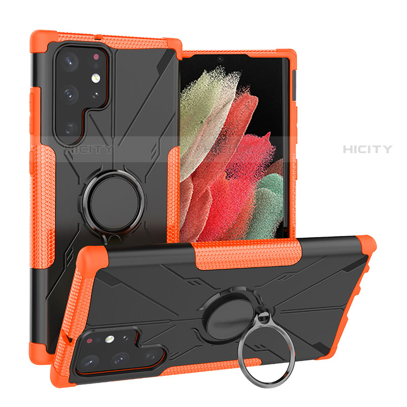 Silikon Hülle Handyhülle und Kunststoff Schutzhülle Hartschalen Tasche mit Magnetisch Fingerring Ständer T08 für Samsung Galaxy S21 Ultra 5G Orange