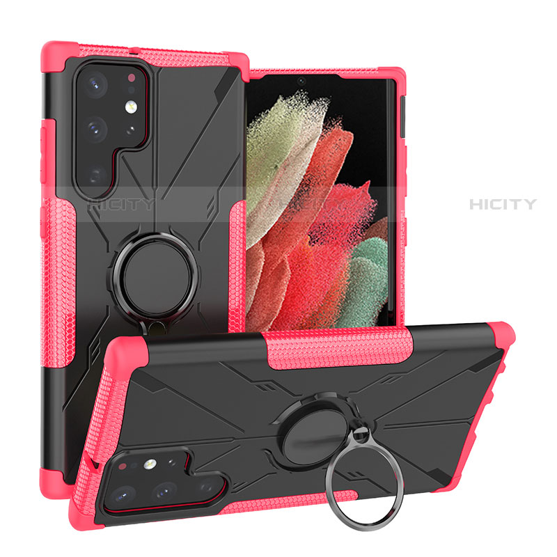 Silikon Hülle Handyhülle und Kunststoff Schutzhülle Hartschalen Tasche mit Magnetisch Fingerring Ständer T08 für Samsung Galaxy S21 Ultra 5G Pink