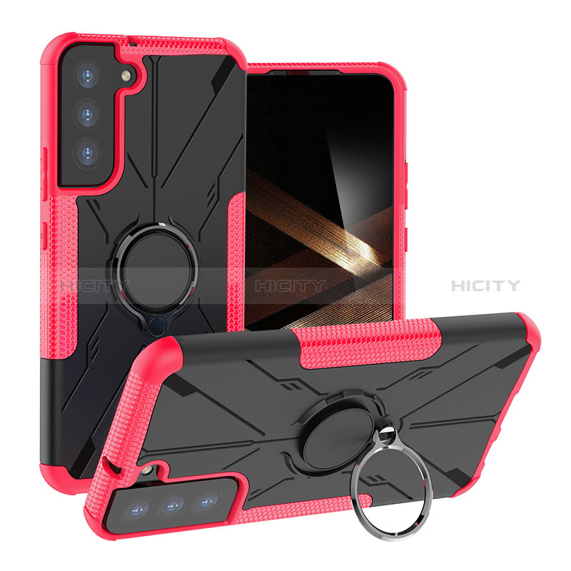 Silikon Hülle Handyhülle und Kunststoff Schutzhülle Hartschalen Tasche mit Magnetisch Fingerring Ständer T08 für Samsung Galaxy S24 Plus 5G Pink