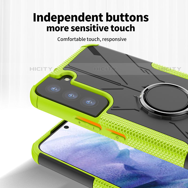 Silikon Hülle Handyhülle und Kunststoff Schutzhülle Hartschalen Tasche mit Magnetisch Fingerring Ständer T09 für Samsung Galaxy S21 FE 5G groß