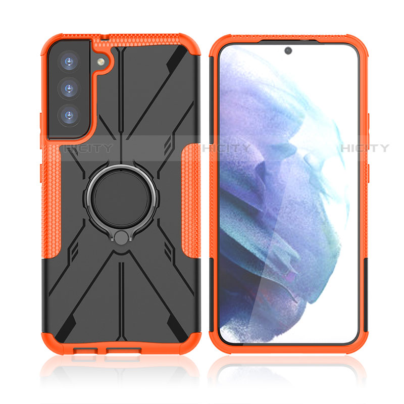 Silikon Hülle Handyhülle und Kunststoff Schutzhülle Hartschalen Tasche mit Magnetisch Fingerring Ständer T09 für Samsung Galaxy S21 Plus 5G Orange