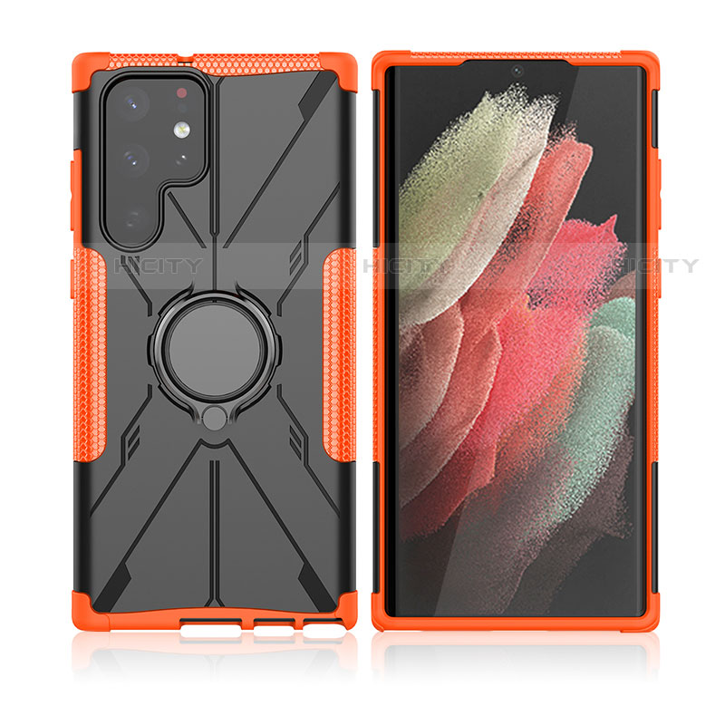 Silikon Hülle Handyhülle und Kunststoff Schutzhülle Hartschalen Tasche mit Magnetisch Fingerring Ständer T09 für Samsung Galaxy S21 Ultra 5G Orange