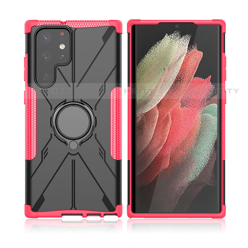 Silikon Hülle Handyhülle und Kunststoff Schutzhülle Hartschalen Tasche mit Magnetisch Fingerring Ständer T09 für Samsung Galaxy S21 Ultra 5G Pink Plus