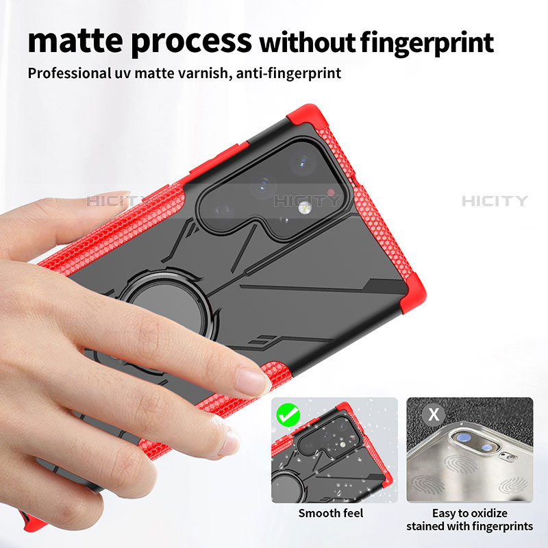 Silikon Hülle Handyhülle und Kunststoff Schutzhülle Hartschalen Tasche mit Magnetisch Fingerring Ständer T09 für Samsung Galaxy S23 Ultra 5G