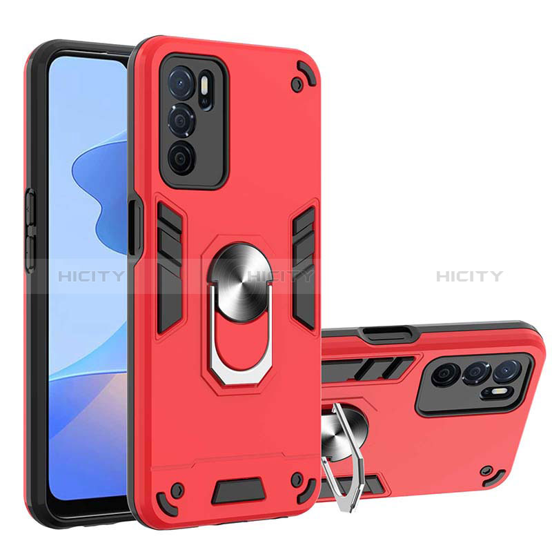 Silikon Hülle Handyhülle und Kunststoff Schutzhülle Hartschalen Tasche mit Magnetisch Fingerring Ständer Y01B für Oppo A16 Rot