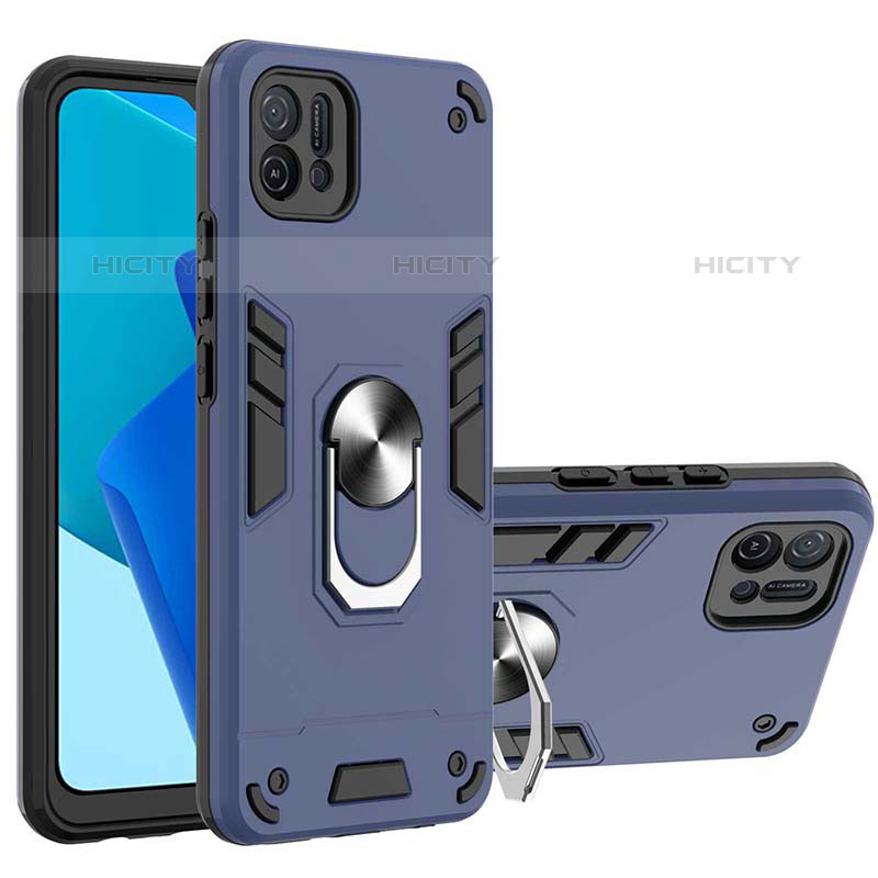 Silikon Hülle Handyhülle und Kunststoff Schutzhülle Hartschalen Tasche mit Magnetisch Fingerring Ständer Y01B für Oppo A16e Blau