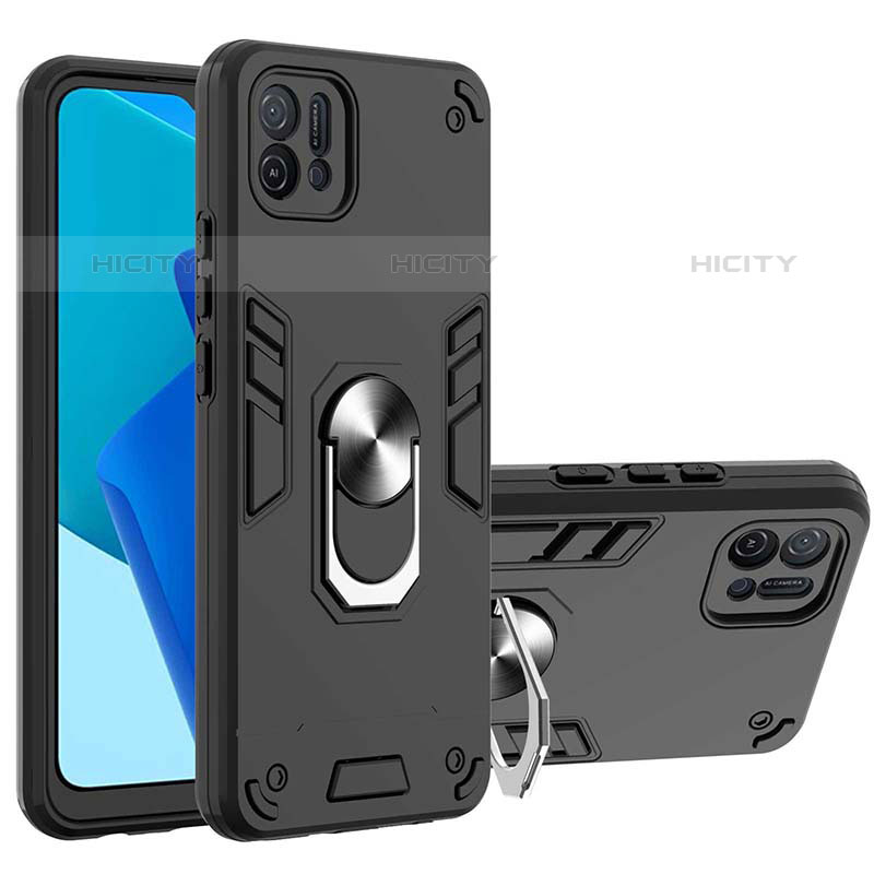 Silikon Hülle Handyhülle und Kunststoff Schutzhülle Hartschalen Tasche mit Magnetisch Fingerring Ständer Y01B für Oppo A16e Schwarz Plus