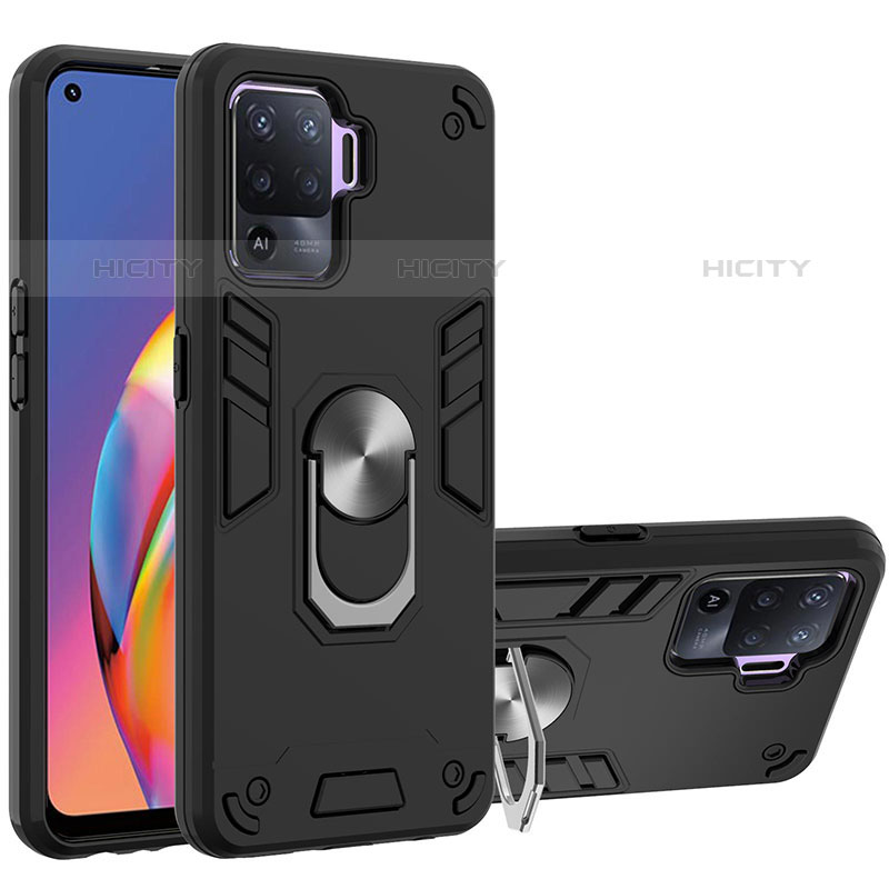 Silikon Hülle Handyhülle und Kunststoff Schutzhülle Hartschalen Tasche mit Magnetisch Fingerring Ständer Y01B für Oppo A94 4G Schwarz