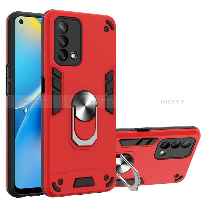 Silikon Hülle Handyhülle und Kunststoff Schutzhülle Hartschalen Tasche mit Magnetisch Fingerring Ständer Y01B für Oppo A95 4G Rot