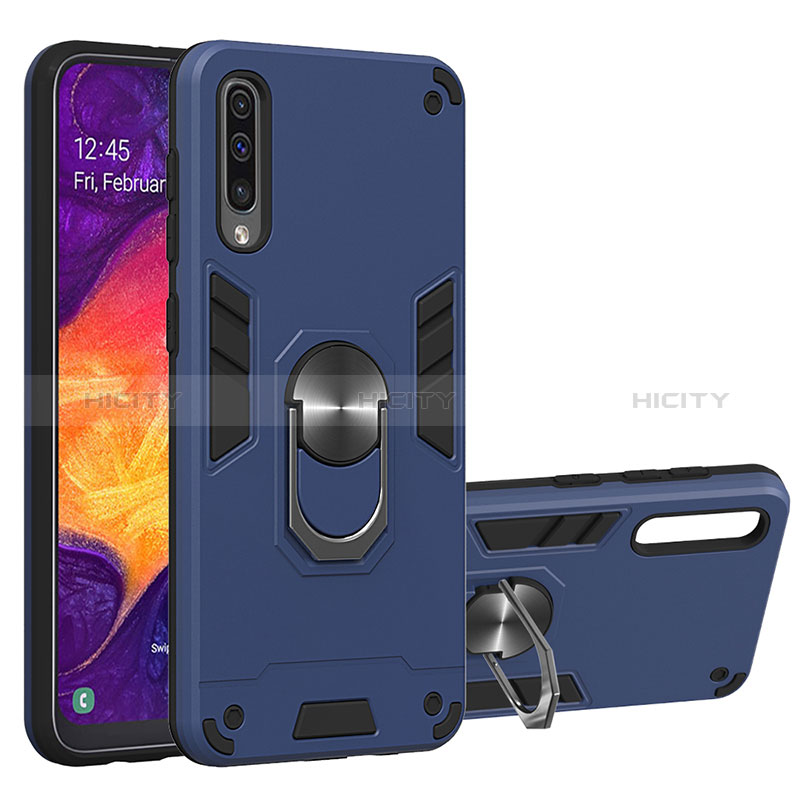 Silikon Hülle Handyhülle und Kunststoff Schutzhülle Hartschalen Tasche mit Magnetisch Fingerring Ständer Y01B für Samsung Galaxy A30S Blau