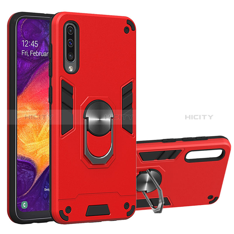 Silikon Hülle Handyhülle und Kunststoff Schutzhülle Hartschalen Tasche mit Magnetisch Fingerring Ständer Y01B für Samsung Galaxy A30S Rot