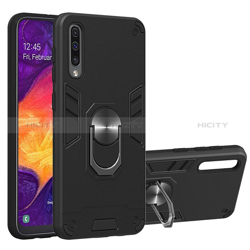 Silikon Hülle Handyhülle und Kunststoff Schutzhülle Hartschalen Tasche mit Magnetisch Fingerring Ständer Y01B für Samsung Galaxy A50S Schwarz Plus