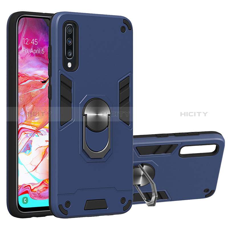 Silikon Hülle Handyhülle und Kunststoff Schutzhülle Hartschalen Tasche mit Magnetisch Fingerring Ständer Y01B für Samsung Galaxy A70 Blau