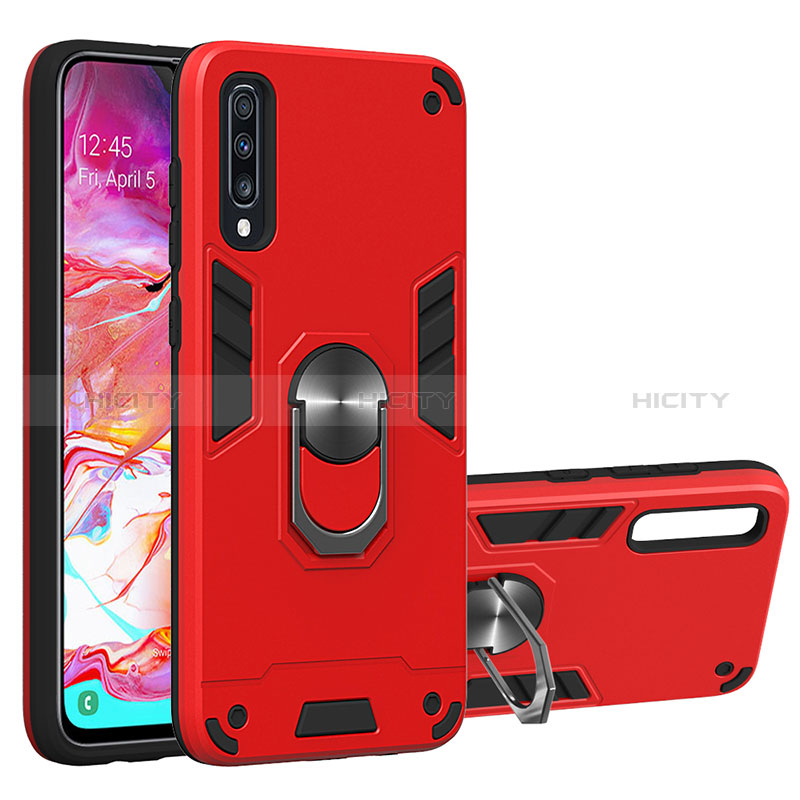 Silikon Hülle Handyhülle und Kunststoff Schutzhülle Hartschalen Tasche mit Magnetisch Fingerring Ständer Y01B für Samsung Galaxy A70S Rot Plus