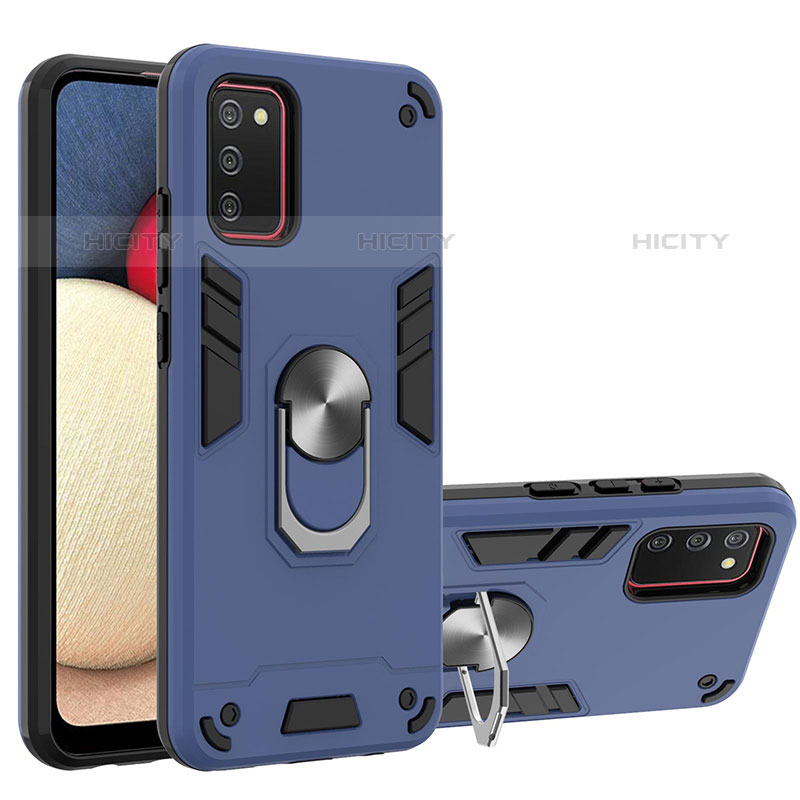 Silikon Hülle Handyhülle und Kunststoff Schutzhülle Hartschalen Tasche mit Magnetisch Fingerring Ständer Y01B für Samsung Galaxy M02s Blau Plus