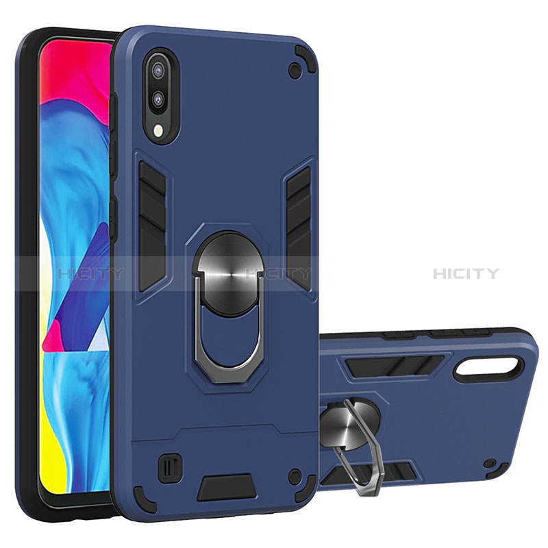 Silikon Hülle Handyhülle und Kunststoff Schutzhülle Hartschalen Tasche mit Magnetisch Fingerring Ständer Y01B für Samsung Galaxy M10 Blau