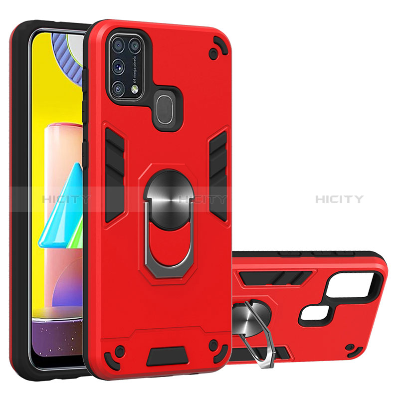 Silikon Hülle Handyhülle und Kunststoff Schutzhülle Hartschalen Tasche mit Magnetisch Fingerring Ständer Y01B für Samsung Galaxy M21s Rot