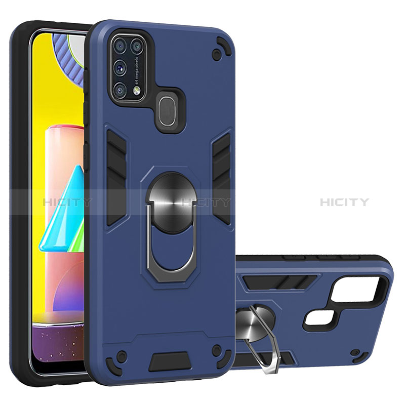 Silikon Hülle Handyhülle und Kunststoff Schutzhülle Hartschalen Tasche mit Magnetisch Fingerring Ständer Y01B für Samsung Galaxy M31 Prime Edition Blau