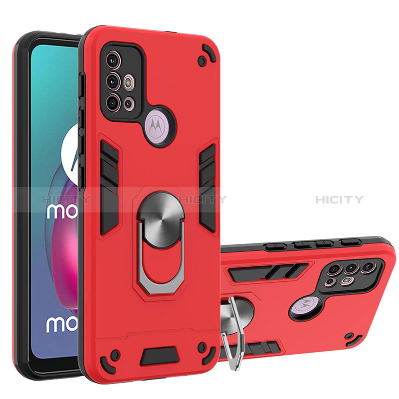 Silikon Hülle Handyhülle und Kunststoff Schutzhülle Hartschalen Tasche mit Magnetisch Fingerring Ständer YB1 für Motorola Moto G20 Rot Plus