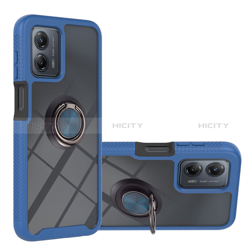 Silikon Hülle Handyhülle und Kunststoff Schutzhülle Hartschalen Tasche mit Magnetisch Fingerring Ständer YB1 für Motorola Moto G53j 5G Blau Plus
