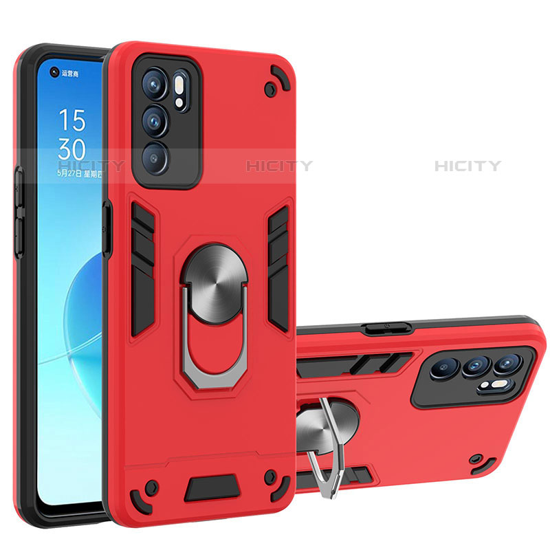 Silikon Hülle Handyhülle und Kunststoff Schutzhülle Hartschalen Tasche mit Magnetisch Fingerring Ständer YB1 für Oppo Reno6 5G Rot Plus