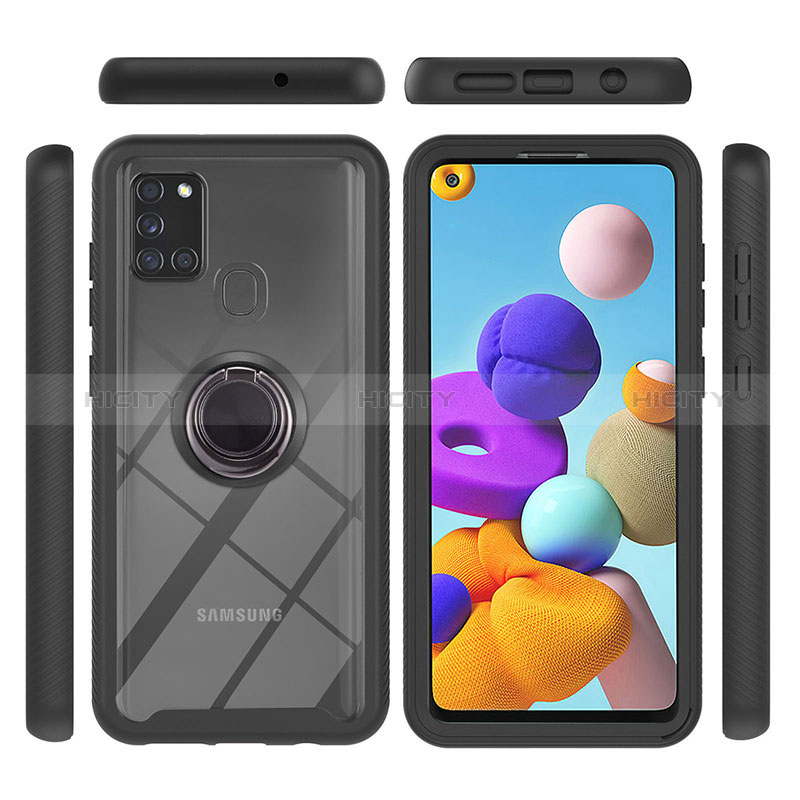 Silikon Hülle Handyhülle und Kunststoff Schutzhülle Hartschalen Tasche mit Magnetisch Fingerring Ständer YB1 für Samsung Galaxy A21s