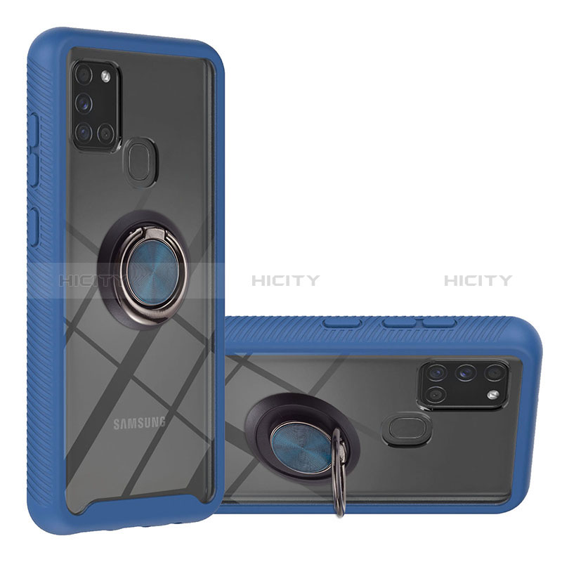 Silikon Hülle Handyhülle und Kunststoff Schutzhülle Hartschalen Tasche mit Magnetisch Fingerring Ständer YB1 für Samsung Galaxy A21s Blau