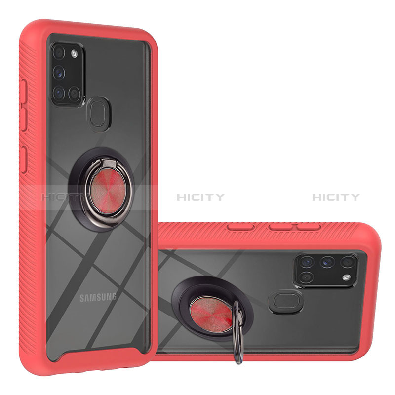 Silikon Hülle Handyhülle und Kunststoff Schutzhülle Hartschalen Tasche mit Magnetisch Fingerring Ständer YB1 für Samsung Galaxy A21s Rot