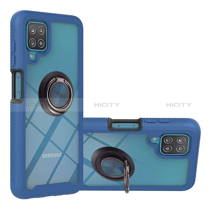 Silikon Hülle Handyhülle und Kunststoff Schutzhülle Hartschalen Tasche mit Magnetisch Fingerring Ständer YB1 für Samsung Galaxy M12 Blau Plus