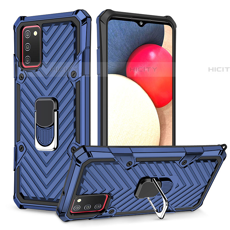 Silikon Hülle Handyhülle und Kunststoff Schutzhülle Hartschalen Tasche mit Magnetisch Fingerring Ständer YF1 für Samsung Galaxy A03s Blau