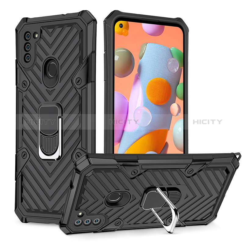 Silikon Hülle Handyhülle und Kunststoff Schutzhülle Hartschalen Tasche mit Magnetisch Fingerring Ständer YF1 für Samsung Galaxy A11 Schwarz