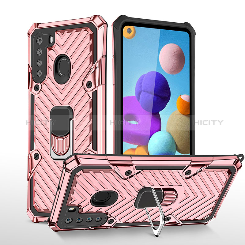 Silikon Hülle Handyhülle und Kunststoff Schutzhülle Hartschalen Tasche mit Magnetisch Fingerring Ständer YF1 für Samsung Galaxy A21