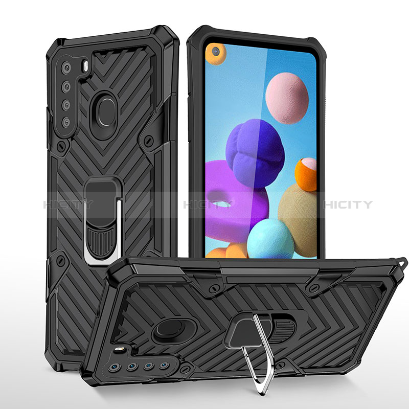 Silikon Hülle Handyhülle und Kunststoff Schutzhülle Hartschalen Tasche mit Magnetisch Fingerring Ständer YF1 für Samsung Galaxy A21