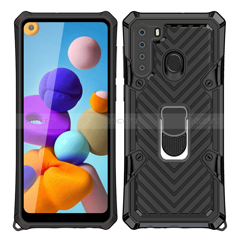 Silikon Hülle Handyhülle und Kunststoff Schutzhülle Hartschalen Tasche mit Magnetisch Fingerring Ständer YF1 für Samsung Galaxy A21