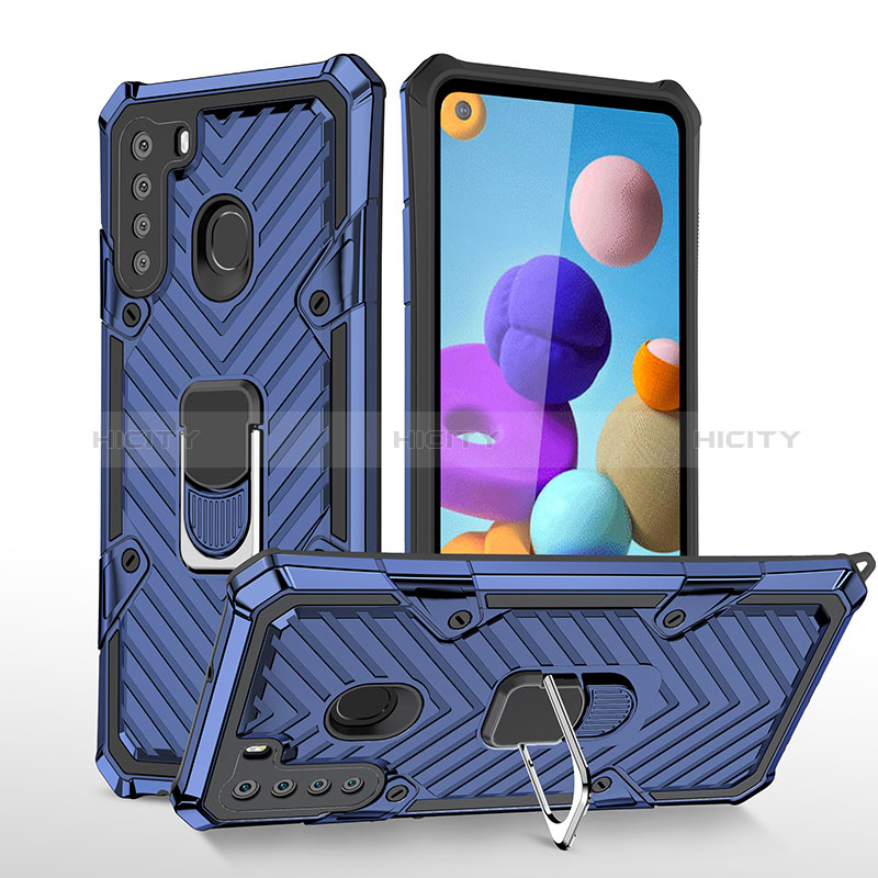 Silikon Hülle Handyhülle und Kunststoff Schutzhülle Hartschalen Tasche mit Magnetisch Fingerring Ständer YF1 für Samsung Galaxy A21 Blau