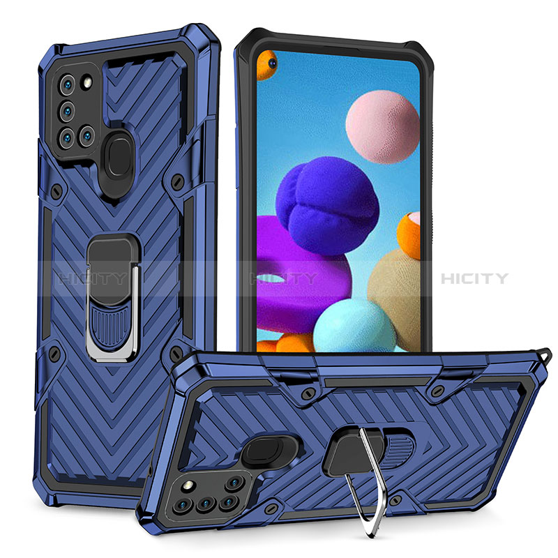 Silikon Hülle Handyhülle und Kunststoff Schutzhülle Hartschalen Tasche mit Magnetisch Fingerring Ständer YF1 für Samsung Galaxy A21s