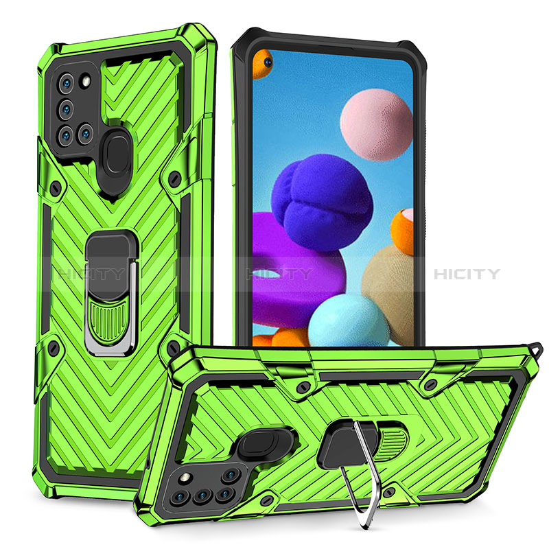 Silikon Hülle Handyhülle und Kunststoff Schutzhülle Hartschalen Tasche mit Magnetisch Fingerring Ständer YF1 für Samsung Galaxy A21s Minzgrün Plus