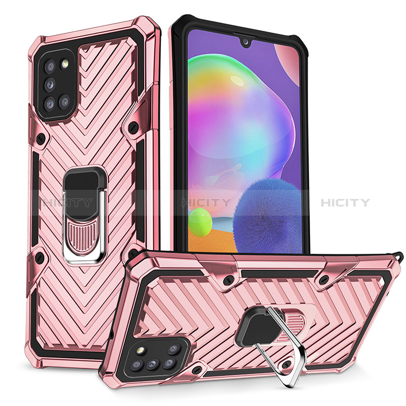 Silikon Hülle Handyhülle und Kunststoff Schutzhülle Hartschalen Tasche mit Magnetisch Fingerring Ständer YF1 für Samsung Galaxy A31 Rosegold